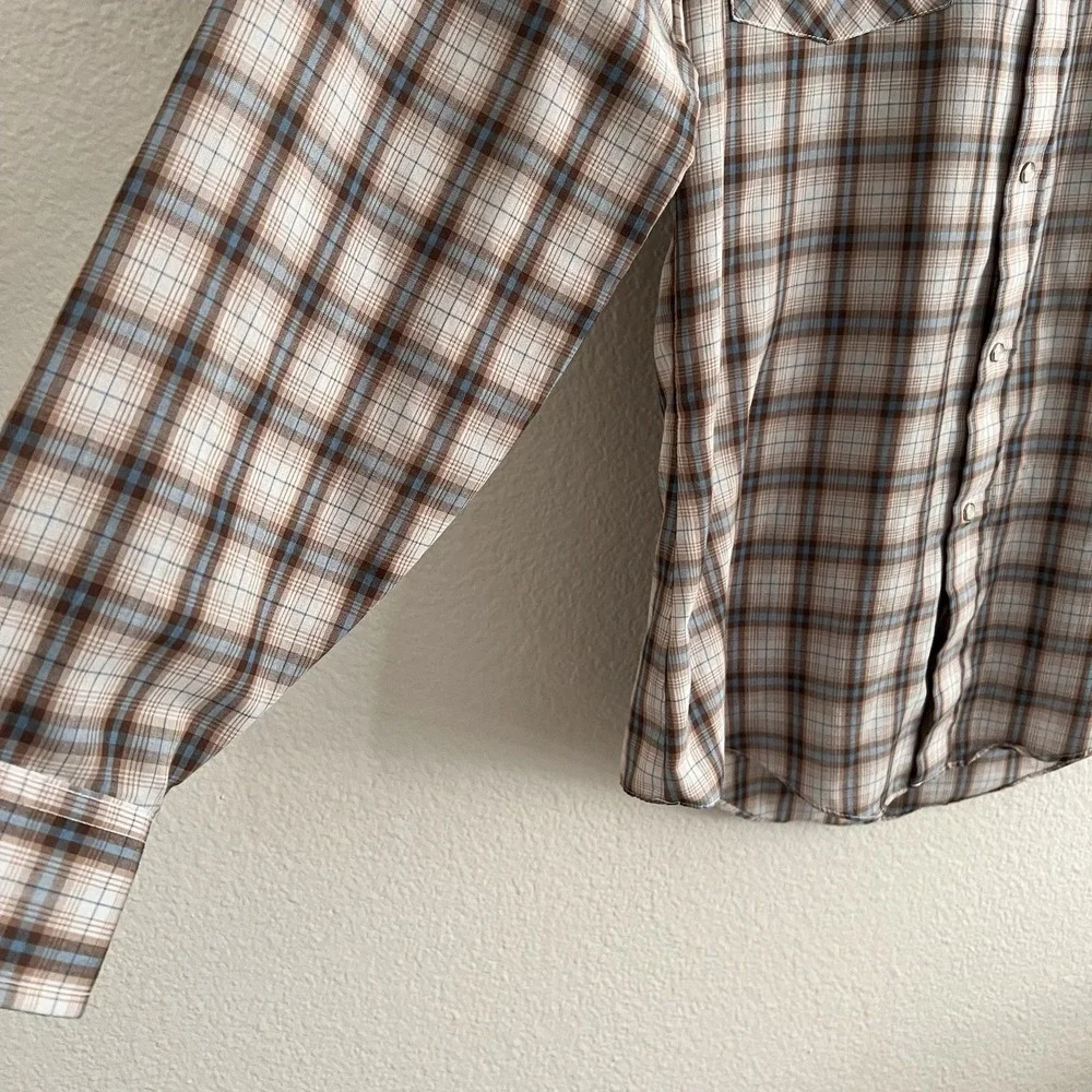 Vintage LEVIS Men's Medium Brown Tan Blue Plaid Pearl Snap Western Shirt Cowboy